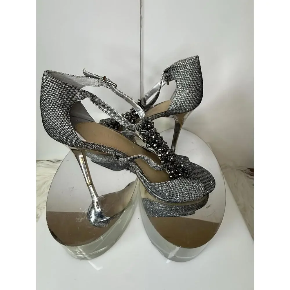 Gianni Bini Women’s Beaded Dress Shoes Sz 9.5 Silver Metallic Party Dress Heels